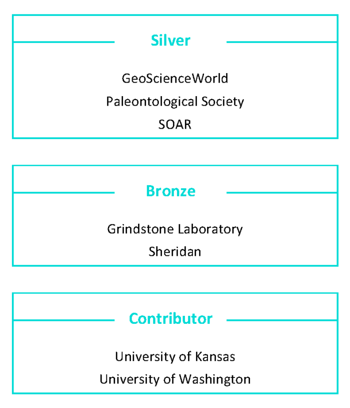 GSA 2022 Sponsors: Silver (GeoScienceWorld, Paleontological Society, SOAR), Bronze (Grindstone Laboratory, Sheridan), and Contributor (University of Kansas, University of Washington)